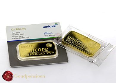 100 gram Umicore gold bar with certificate and without certificate