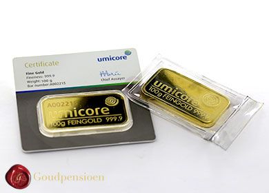 100 gram Umicore goudbaar met certificaat en zonder certificaat