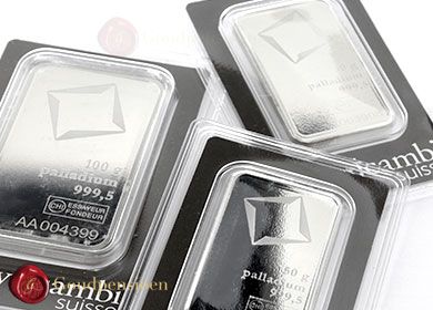 Buy physical palladium bars 50 grams and 100 grams Valcambi Suisse